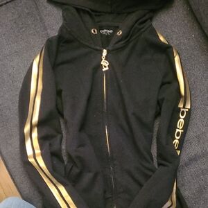 Bebe Black Hoodie with Gold Stripes